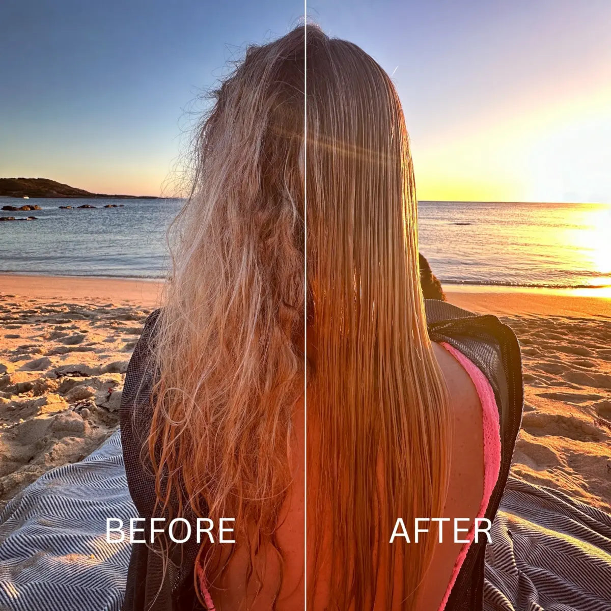 Before and after using UV Protect + Repair Leave-in Conditioner Spray on long blonde hair to detangle, reduce frizz, and add smoothness