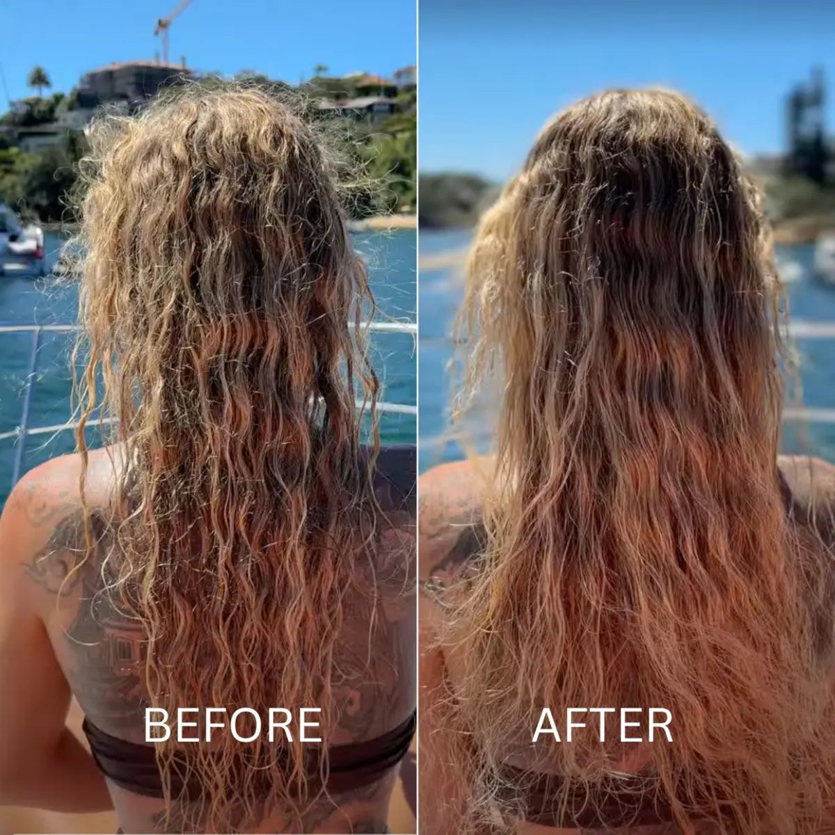 Before and after using UV Protect + Repair Leave-in Conditioner Spray on blonde hair to detangle, smooth frizz, and restore shine
