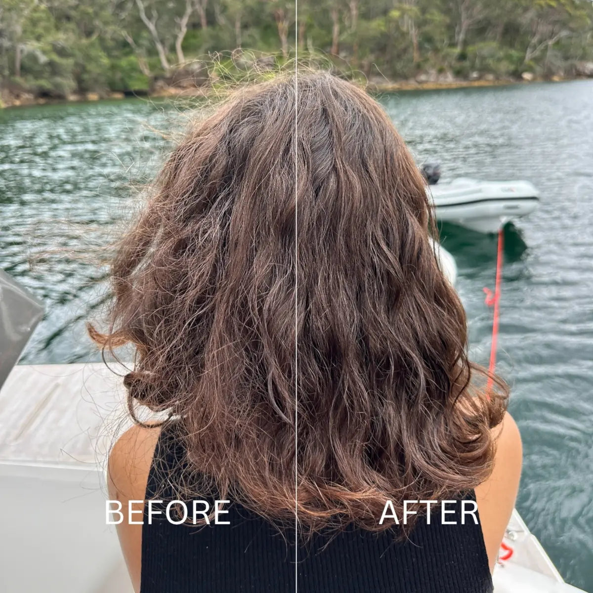 Before and after using UV Protect + Repair Leave-in Conditioner Spray on long brown hair to detangle, reduce frizz, and smooth texture