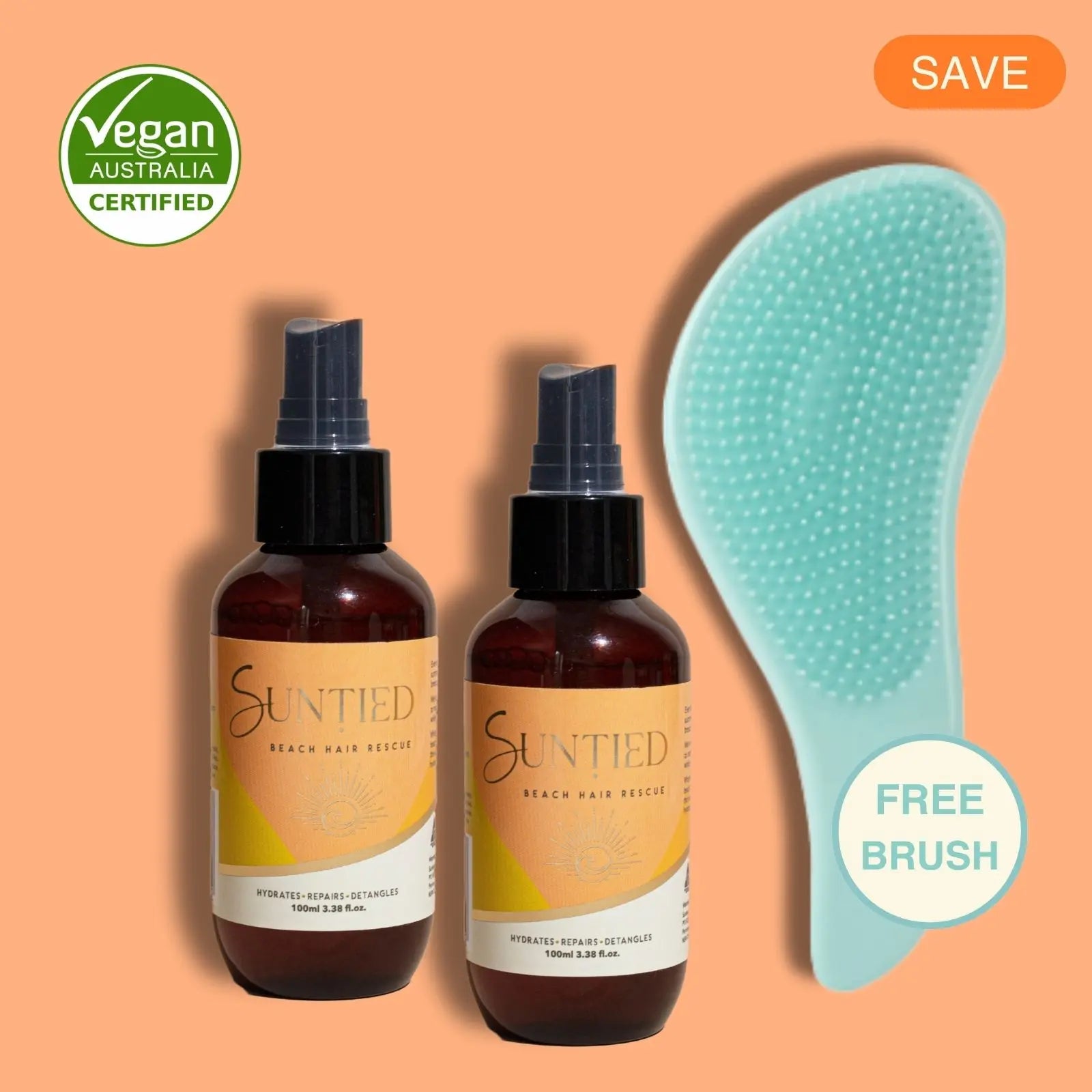 UV Protect + Repair Leave-in Conditioner Spray bundle with two full-size bottles and an aqua detangling brush to hydrate, detangle, and reduce styling damage