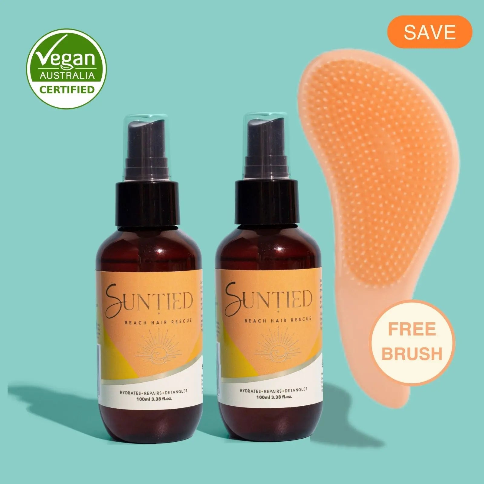 UV Protect + Repair Leave-in Conditioner Spray bundle with two full-size bottles and a peach detangling brush to smooth, hydrate, and prevent breakage