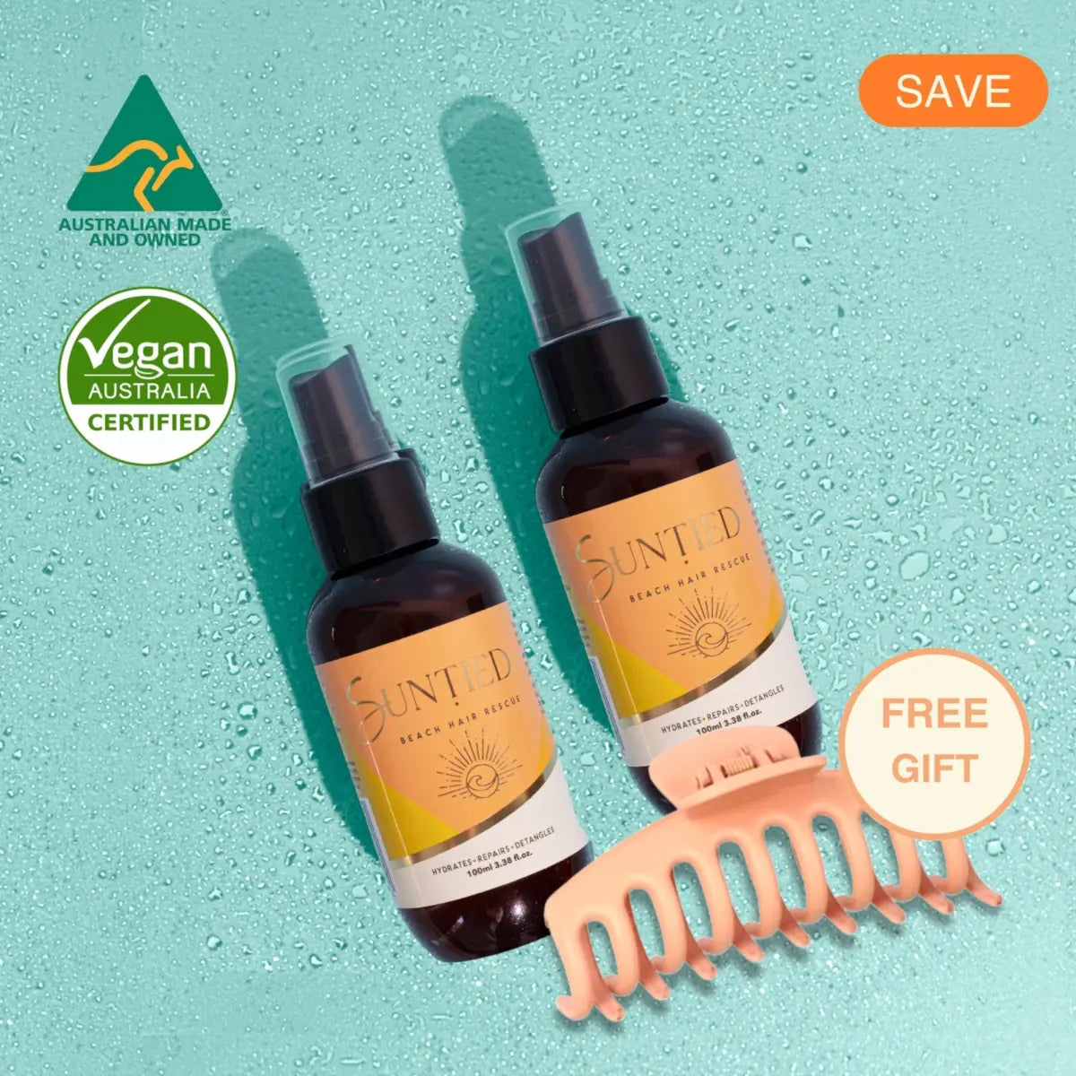 UV Protect + Repair Leave-in Conditioner Spray bundle with two full-size bottles and a peach hair clip to hydrate, smooth, and prevent styling breakage