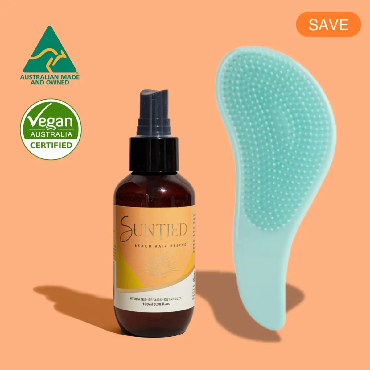 UV Protect + Repair Leave-in Conditioner Spray with aqua detangling hair brush to hydrate, smooth, and gently detangle hair without breakage