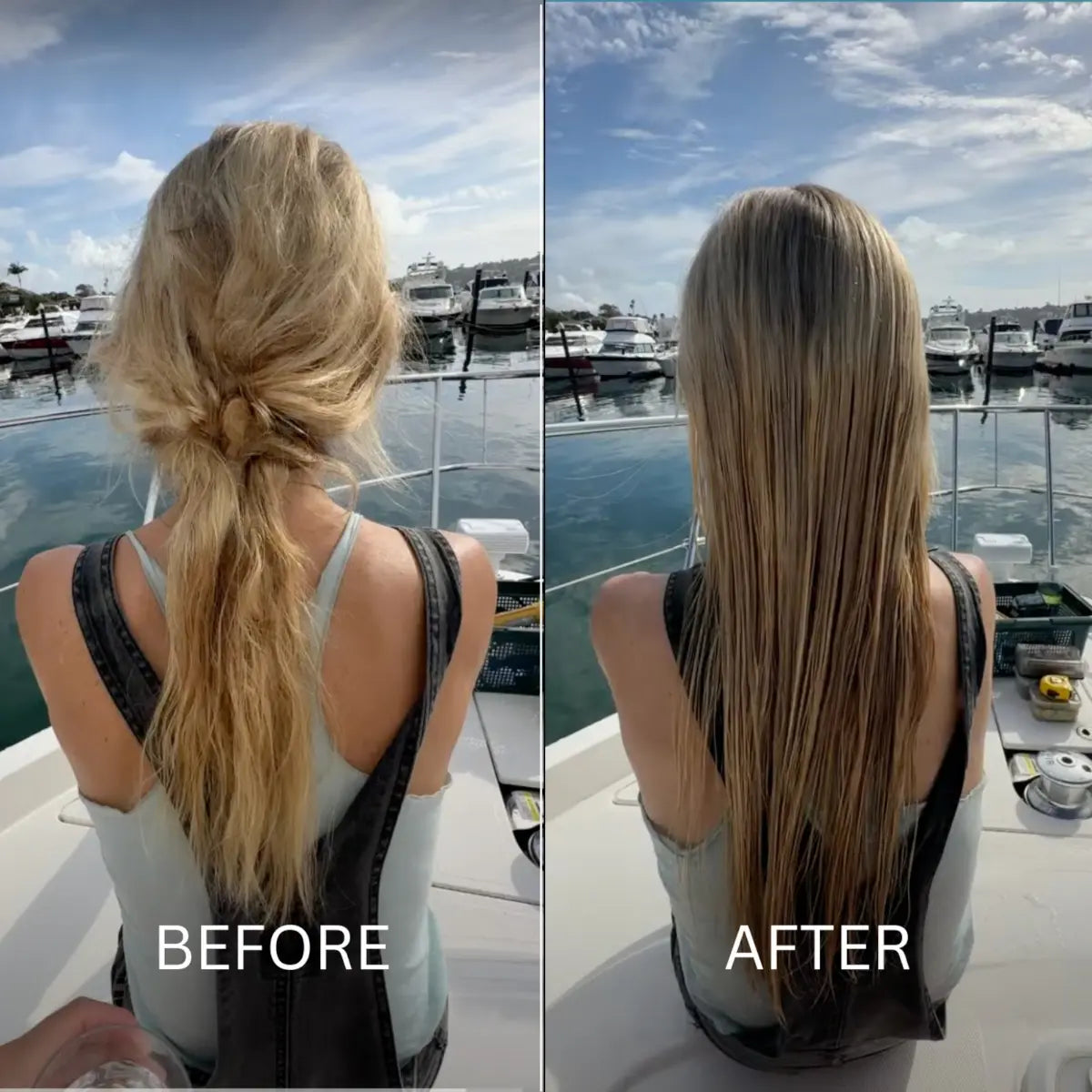 Before and after using UV Protect + Repair Leave-in Conditioner Spray to detangle, smooth frizz, and protect hair from UV damage