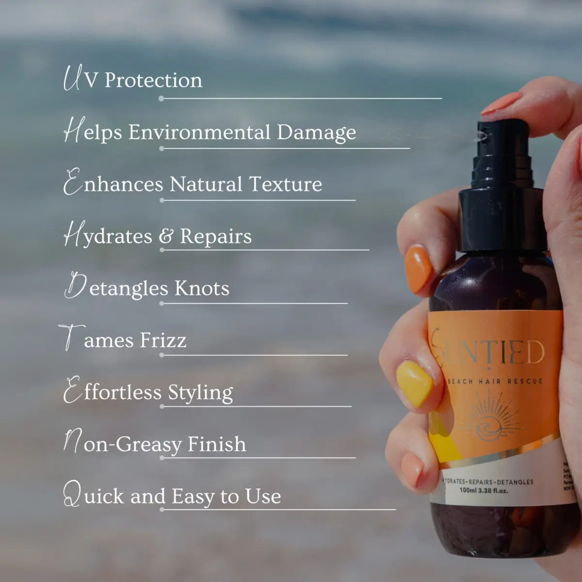 UV Protect + Repair Leave-in Conditioner Spray bottle misting with a list of benefits including UV protection, detangling, frizz control, hydration, and effortless styling
