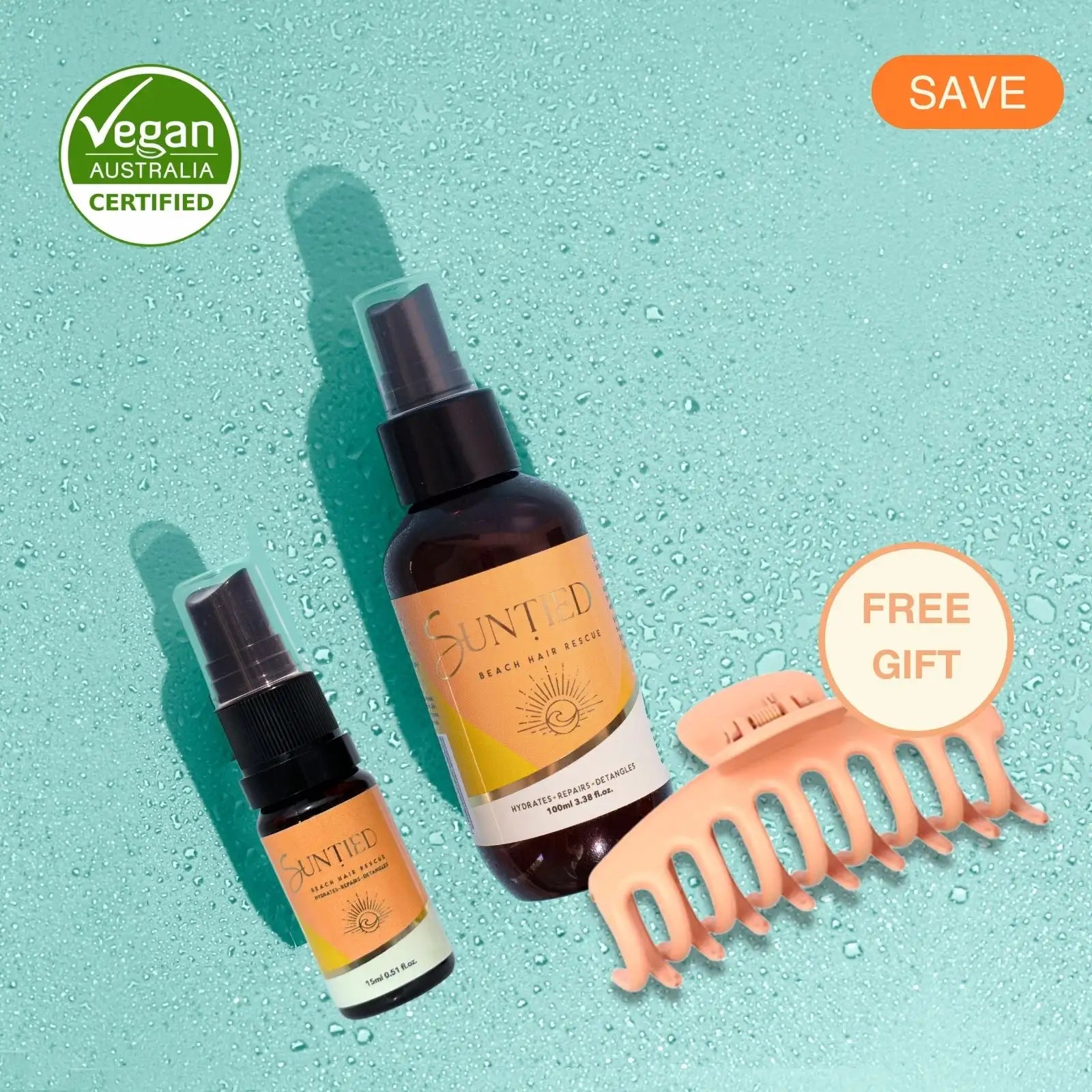 UV Protect + Repair Leave-in Conditioner Spray bundle with full-size and mini bottles plus a peach hair clip to hydrate, detangle, and reduce styling breakage