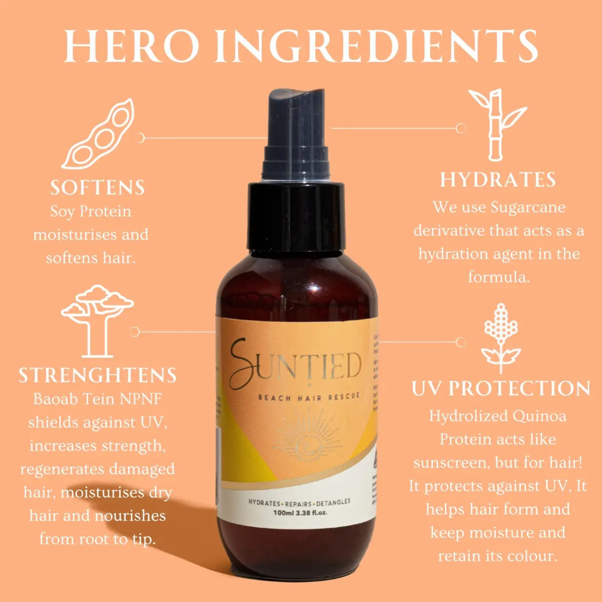 UV Protect + Repair Leave-in Conditioner Spray bottle surrounded by hero ingredients including soy protein to soften, sugarcane to hydrate, baobab to strengthen, and quinoa for UV protection