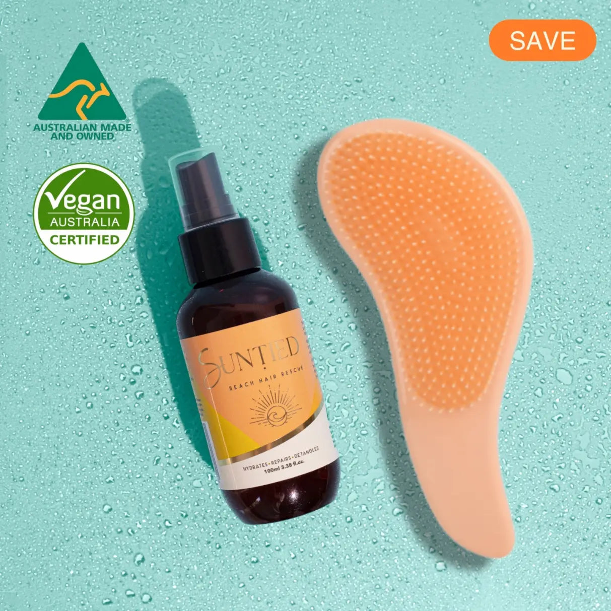 UV Protect + Repair Leave-in Conditioner Spray with peach detangling hair brush for hydrating, smoothing, and reducing breakage while styling