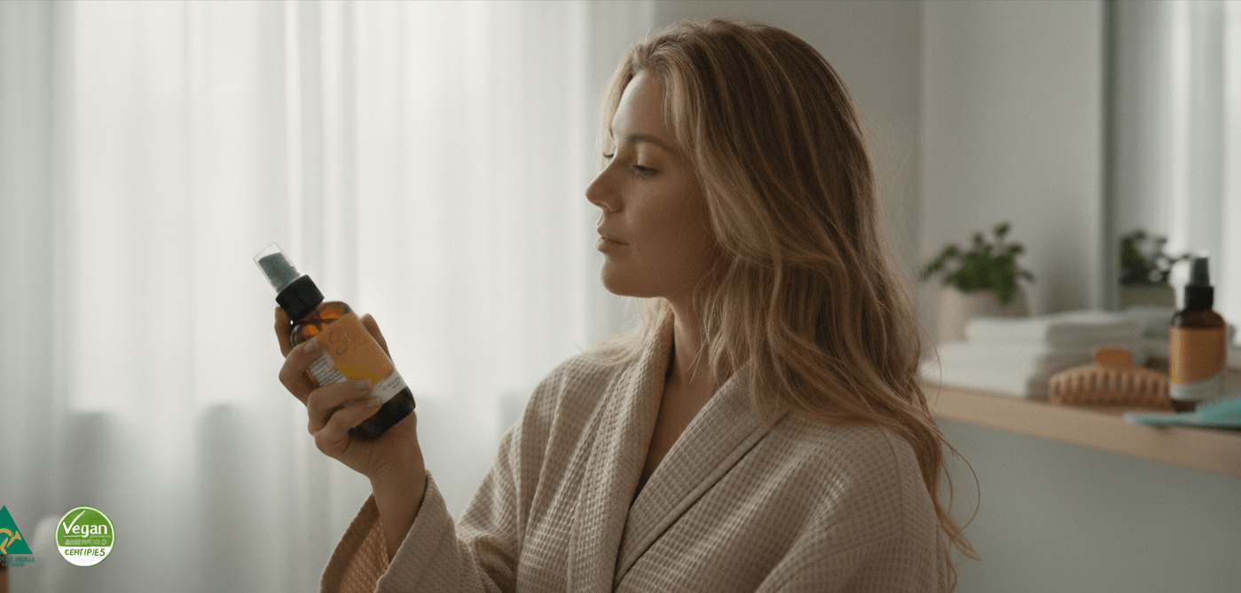 Beautiful woman with healthy, shiny hair at her bathroom admiring her Suntied Leave In Conditioner.