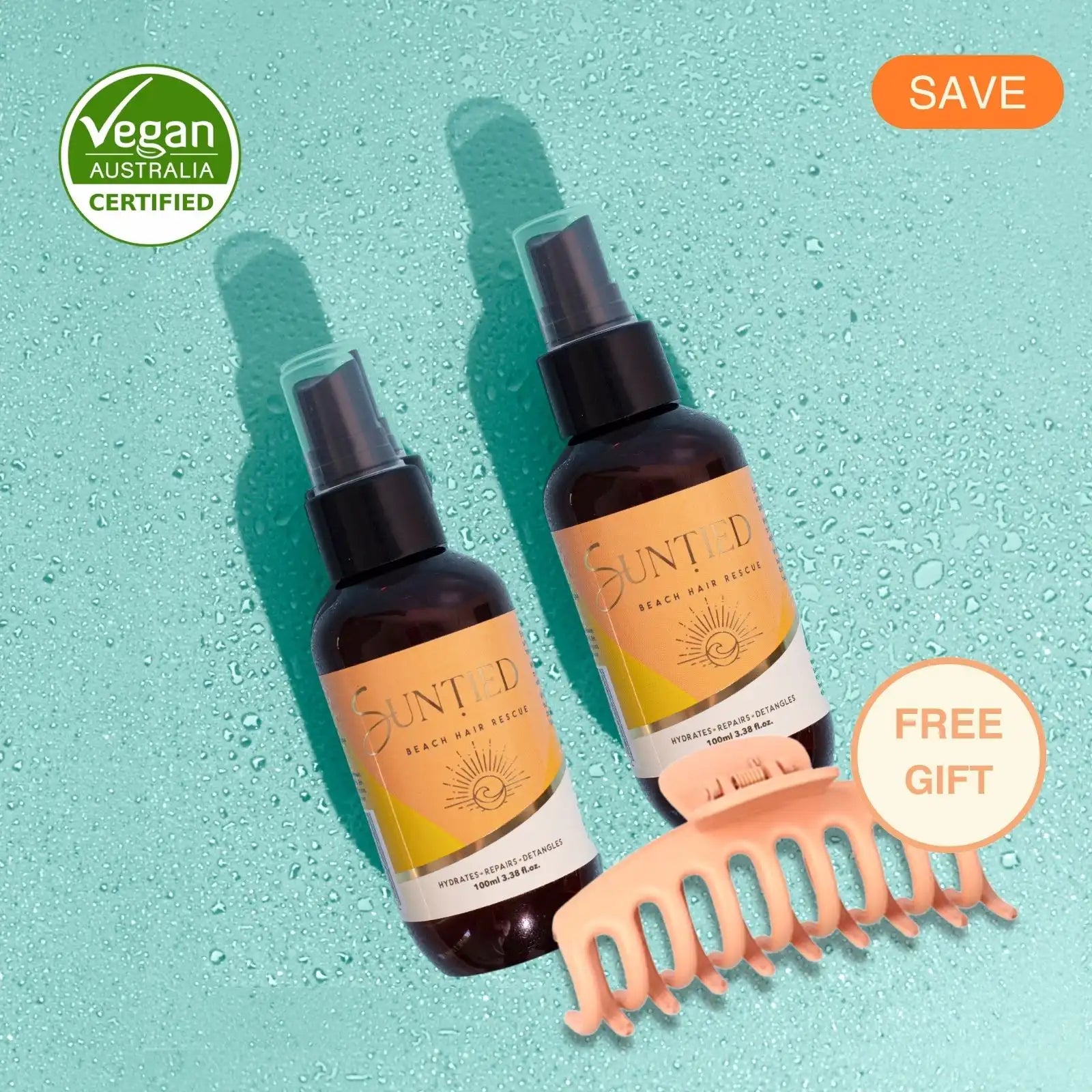 UV Protect + Repair Leave-in Conditioner Spray bundle with two full-size bottles and a peach hair clip to hydrate, smooth, and prevent styling breakage