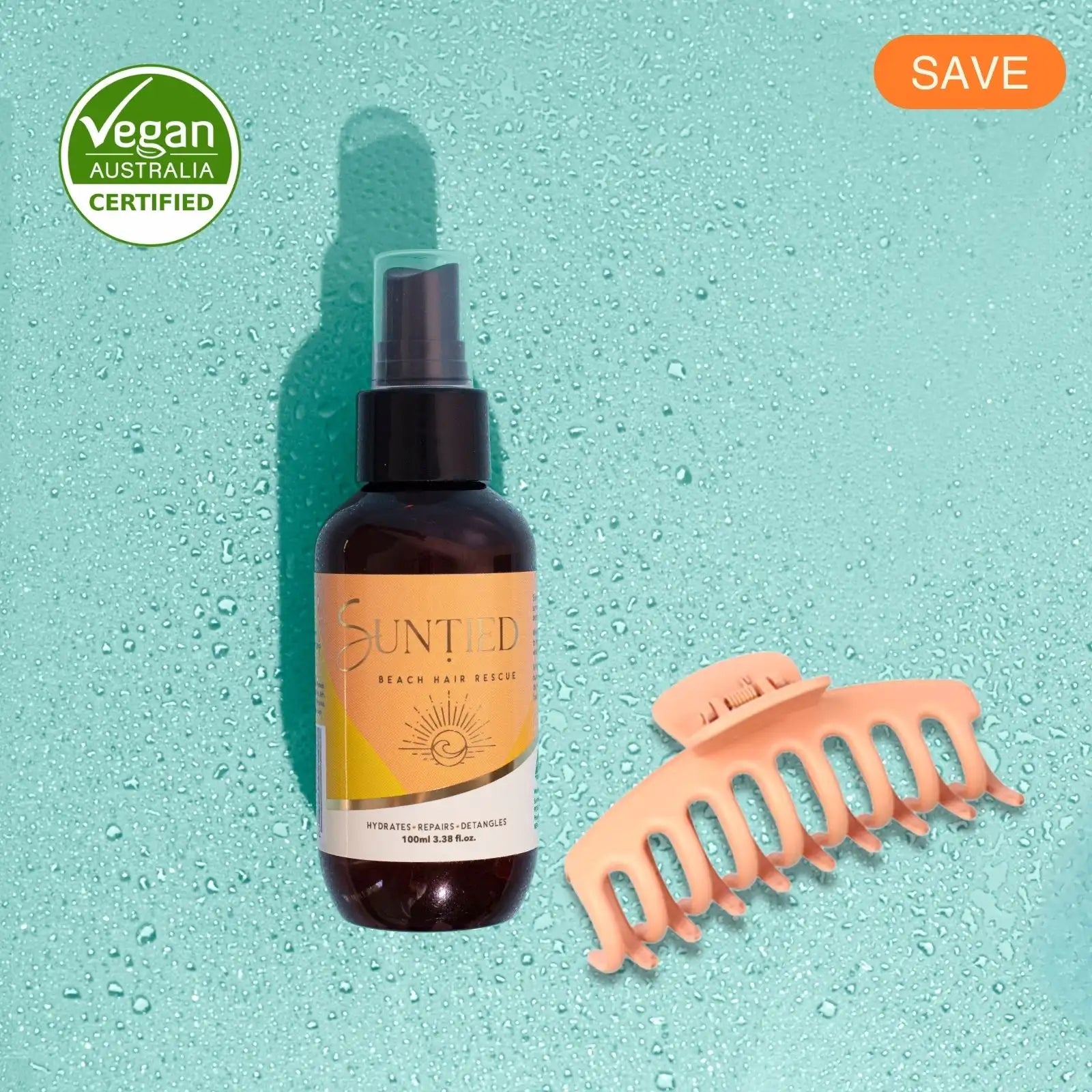 UV Protect + Repair Leave-in Conditioner Spray with peach no-pull hair clip to hydrate, smooth, and reduce breakage while styling