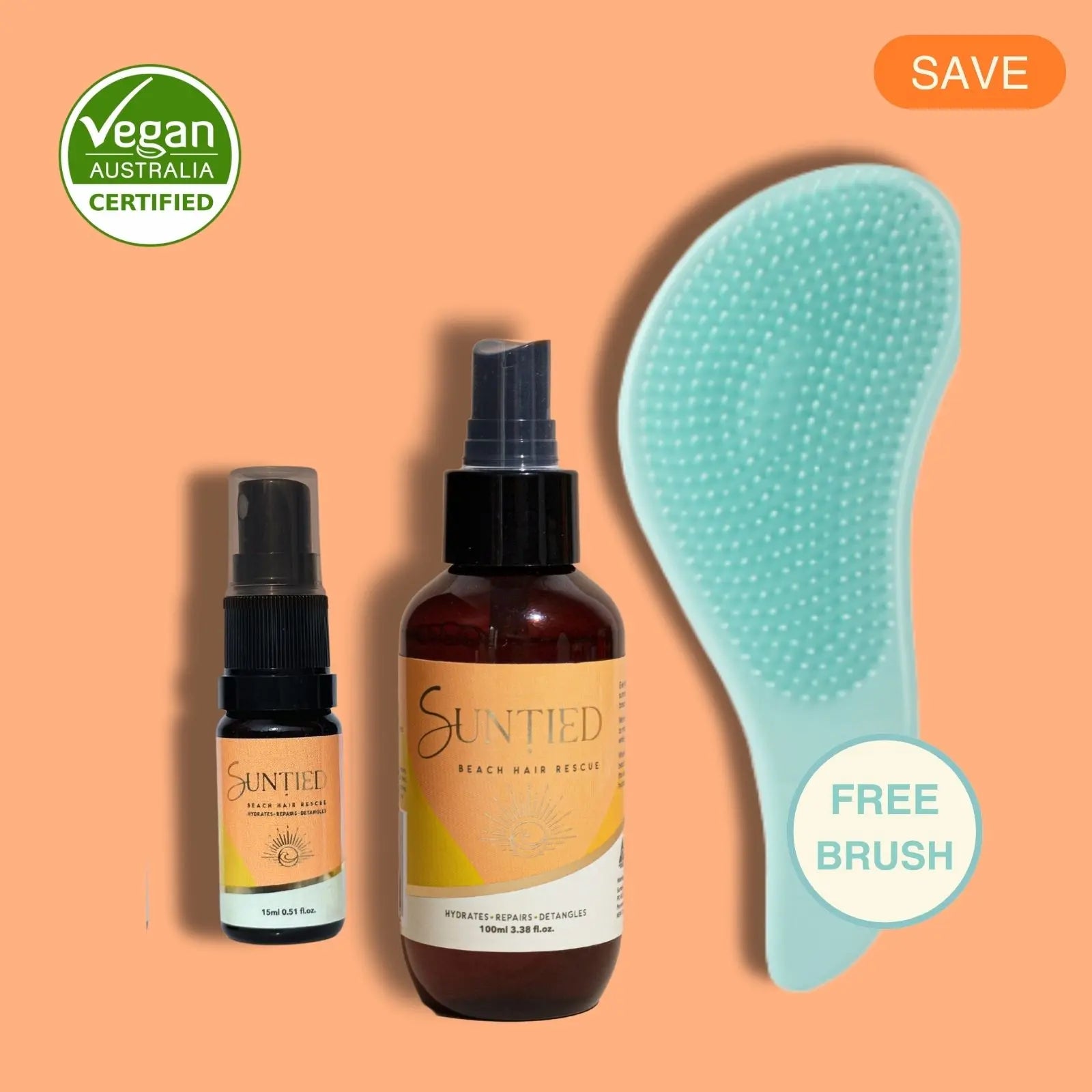 UV Protect + Repair Leave-in Conditioner Spray bundle with full-size and mini bottles and an aqua detangling brush to hydrate, detangle, and protect hair from UV exposure