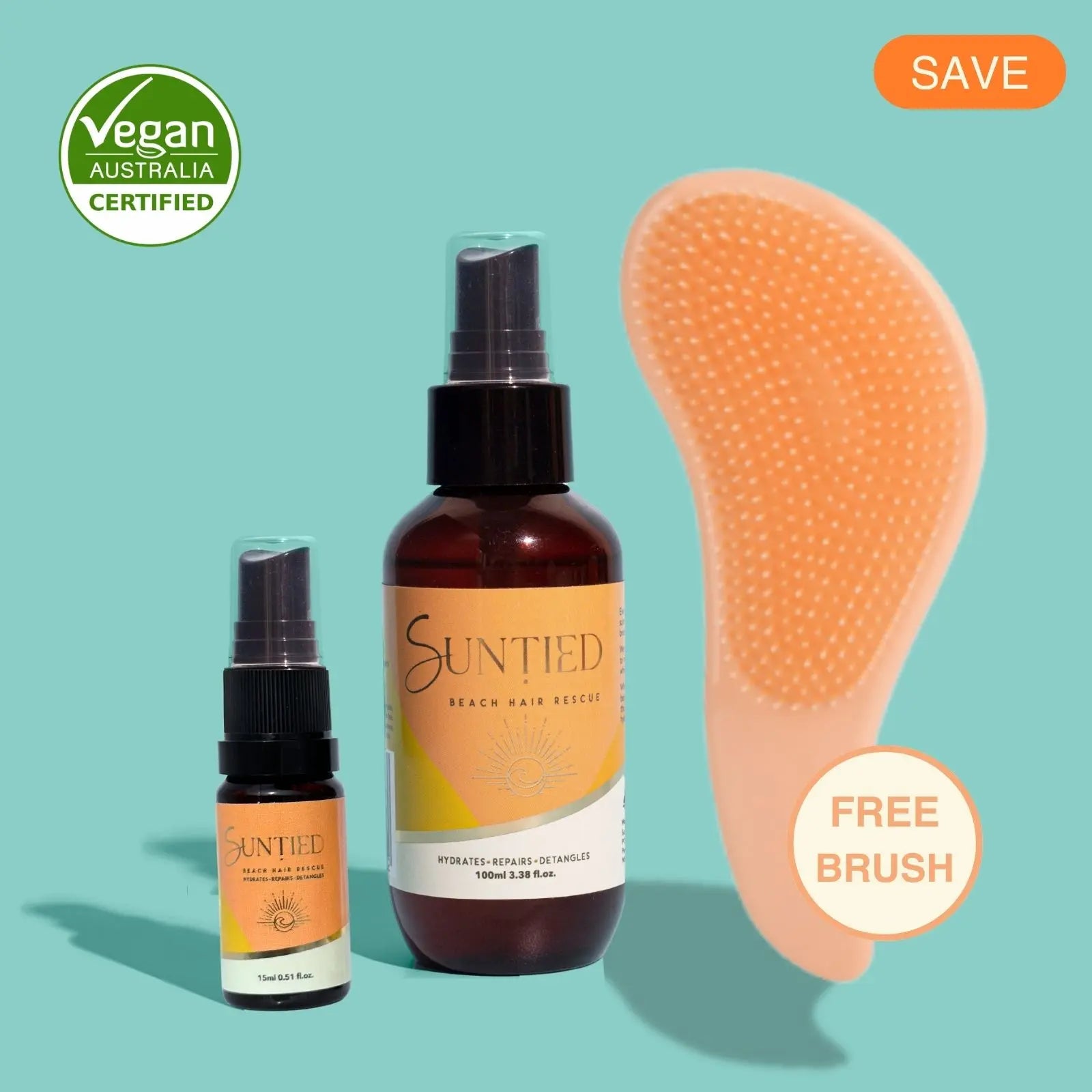 UV Protect + Repair Leave-in Conditioner Spray bundle with full-size and mini spray bottles and a peach detangling brush to hydrate, detangle, and protect hair from UV damage