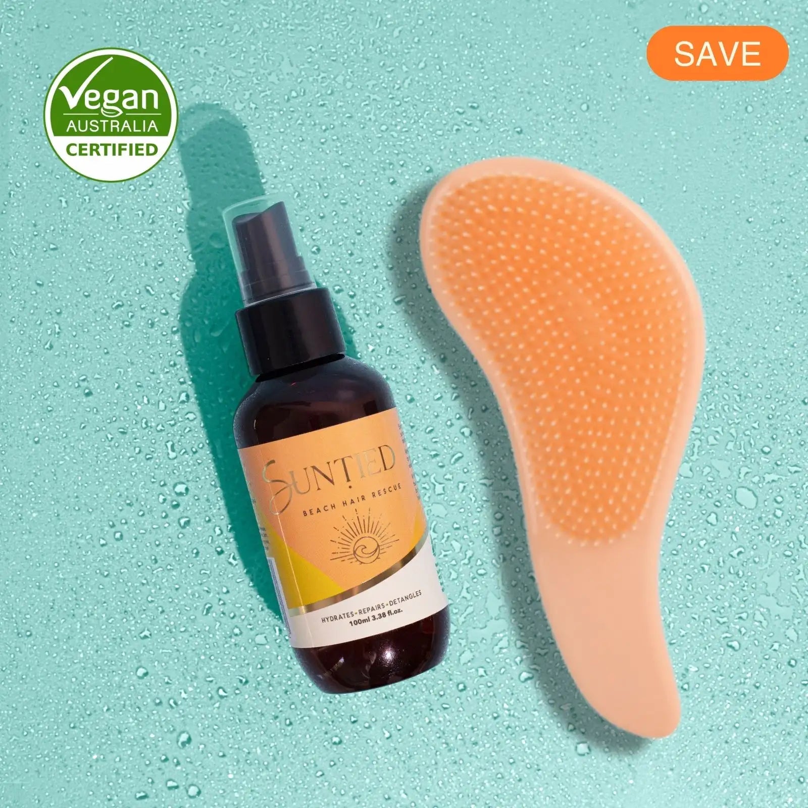 UV Protect + Repair Leave-in Conditioner Spray with peach detangling hair brush for hydrating, smoothing, and reducing breakage while styling